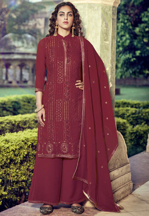 Embroidered Georgette Pakistani Suit in Maroon : KCH8084