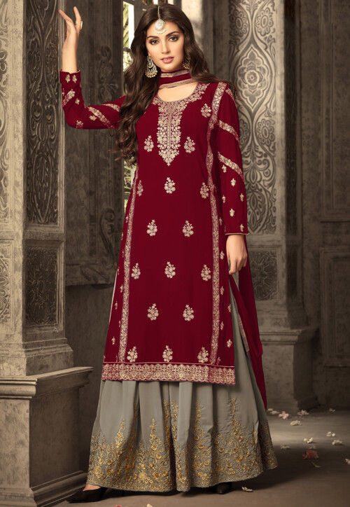 Embroidered Georgette Pakistani Suit in Maroon : KCH9871