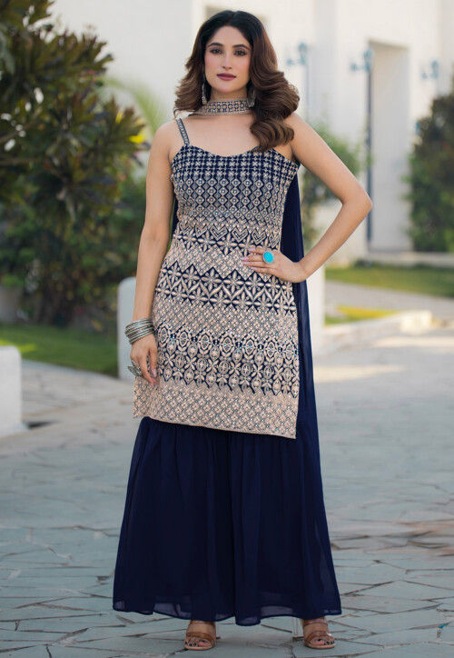 Embroidered Georgette Pakistani Suit in Navy Blue