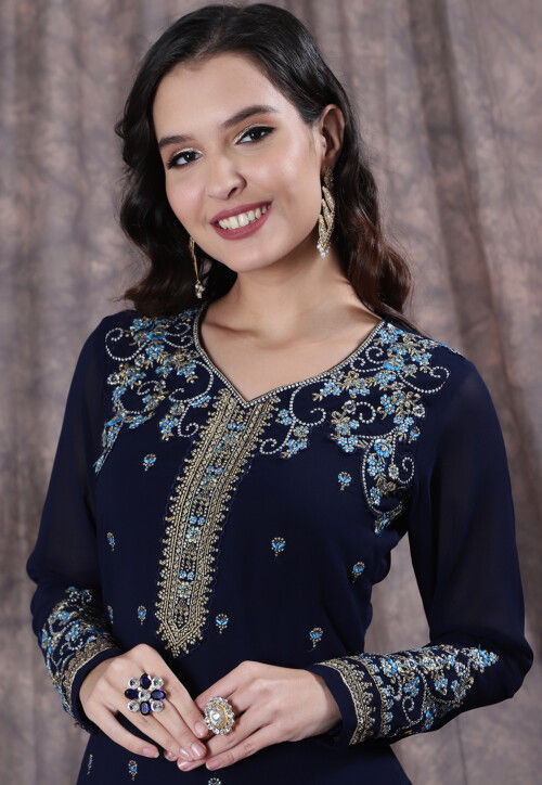 Buy Embroidered Georgette Pakistani Suit In Navy Blue Online Kch10741 Utsav Fashion 