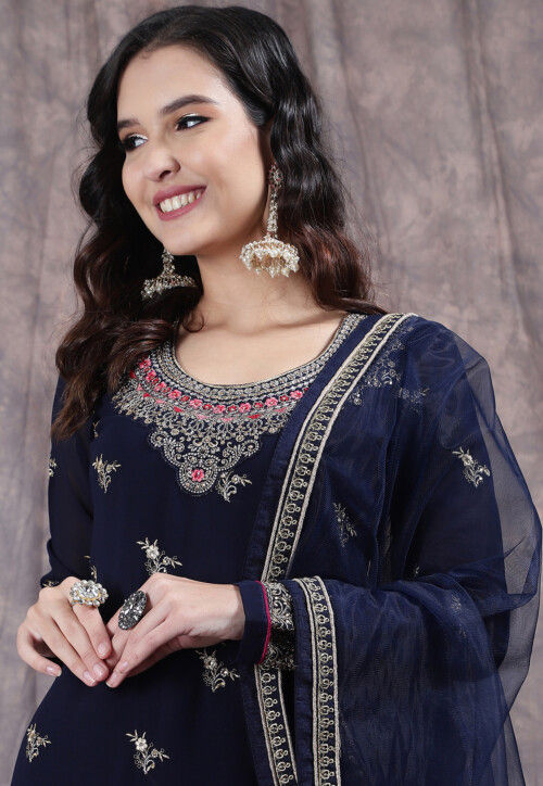 Embroidered Georgette Pakistani Suit In Navy Blue Kch10742 