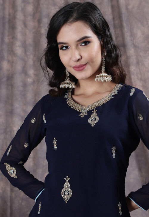 Embroidered Georgette Pakistani Suit In Navy Blue Kch10747 