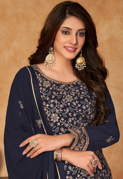 Embroidered Georgette Pakistani Suit In Navy Blue Kch10770 