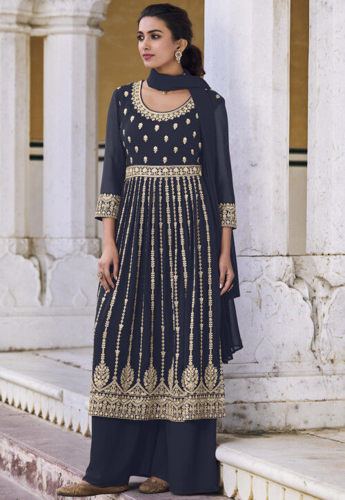 Buy Embroidered Georgette Pakistani Suit In Navy Blue Online Kch11076 Utsav Fashion 