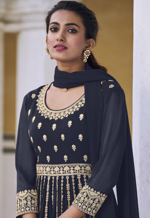 Buy Embroidered Georgette Pakistani Suit In Navy Blue Online Kch11076 Utsav Fashion 