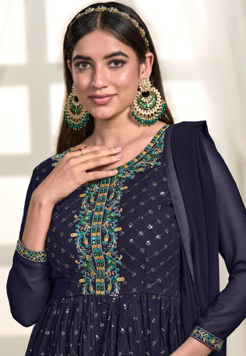 Embroidered Georgette Pakistani Suit In Navy Blue Kch11084 