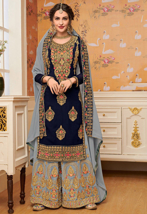 Buy Embroidered Georgette Pakistani Suit In Navy Blue Online Kch4495 Utsav Fashion 