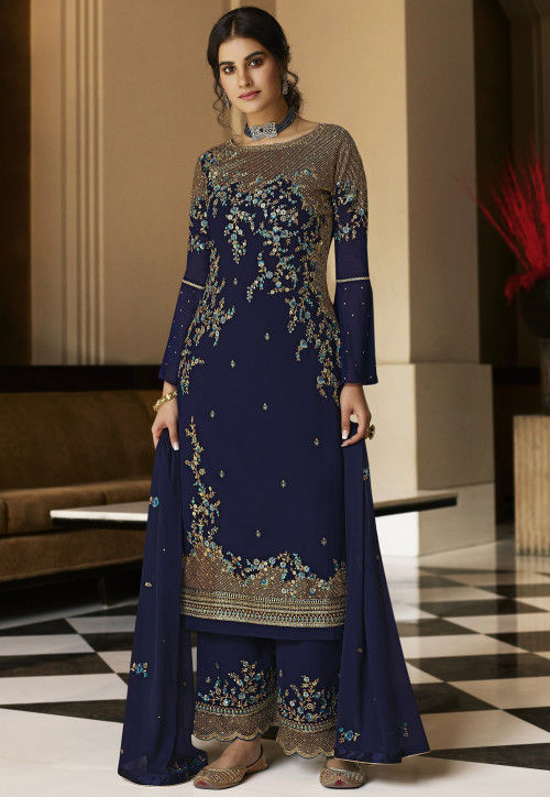 Wolf in sheep's clothing stick lips Embroidered Georgette Pakistani Suit in Navy Blue : KCH6388