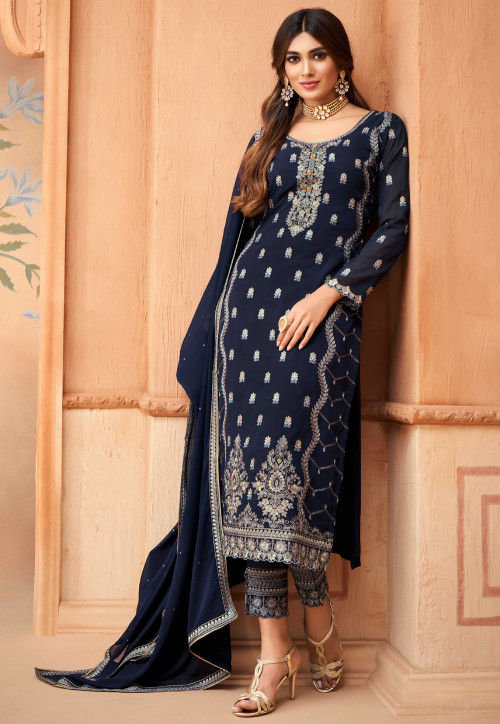 Buy Embroidered Georgette Pakistani Suit In Navy Blue Online Kch7062 Utsav Fashion 