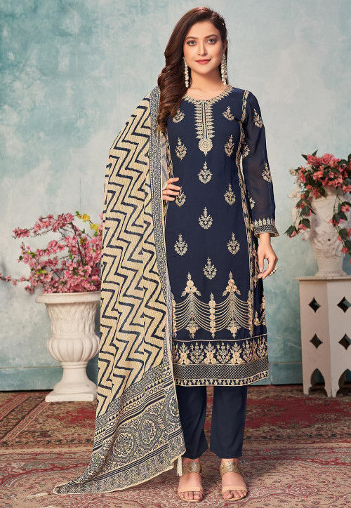 Embroidered Georgette Pakistani Suit in Navy Blue : KCH8248