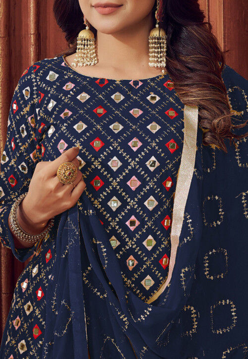 Embroidered Georgette Pakistani Suit in Navy Blue : KJC1469