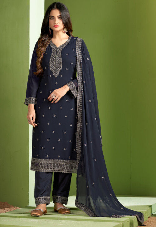 Embroidered Georgette Pakistani Suit in Navy Blue