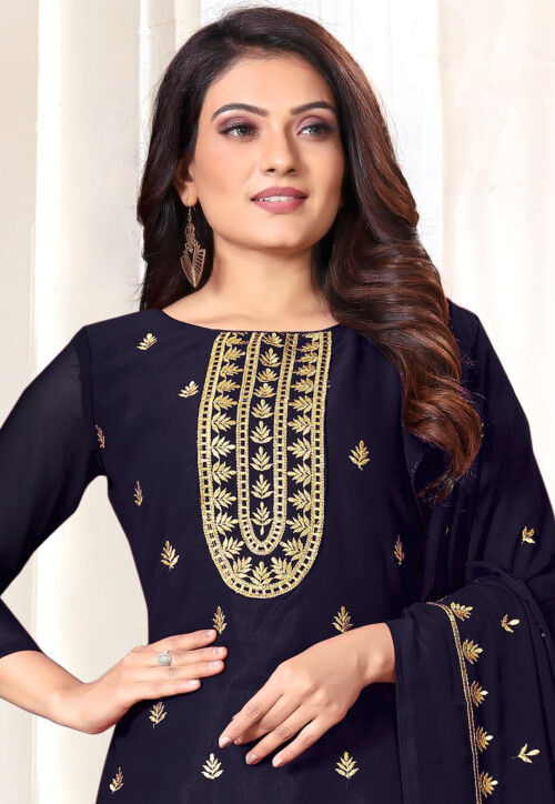 Embroidered Georgette Pakistani Suit In Navy Blue Kqu3729 