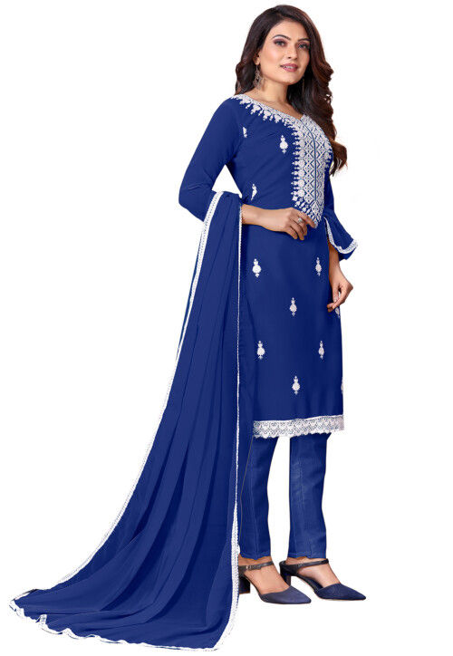 Embroidered Georgette Pakistani Suit In Navy Blue Kqu3960 