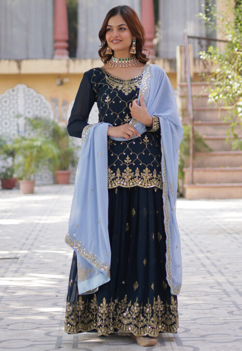 Embroidered Georgette Pakistani Suit in Navy Blue