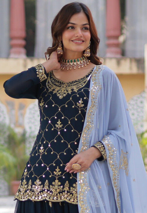 Embroidered Georgette Pakistani Suit in Navy Blue