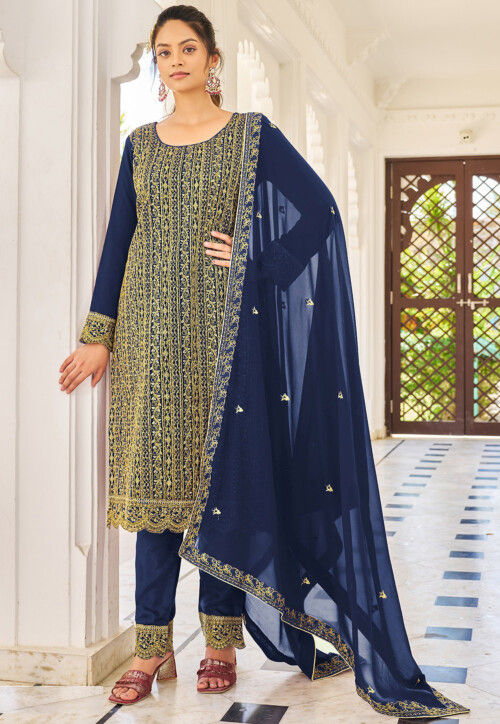 Embroidered Georgette Pakistani Suit in Navy Blue