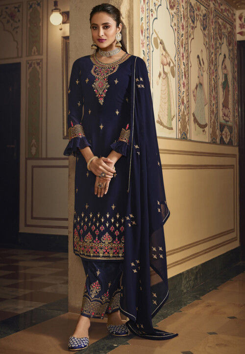 Embroidered Georgette Pakistani Suit in Navy Blue : KCH6531