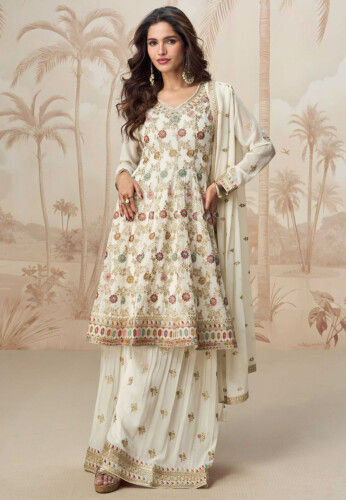 Embroidered Georgette Pakistani Suit in Off White