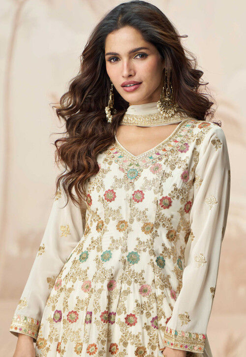 Embroidered Georgette Pakistani Suit in Off White