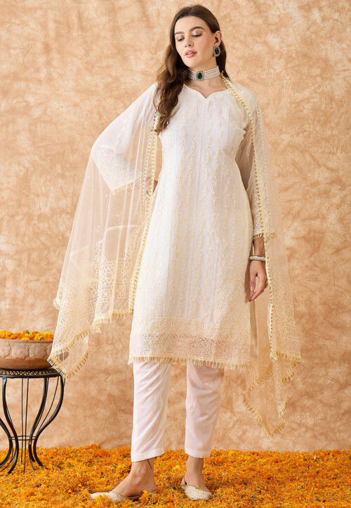 Embroidered Georgette Pakistani Suit in Off White