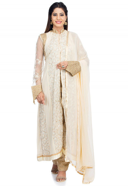 Embroidered Georgette Pakistani Suit in Off White