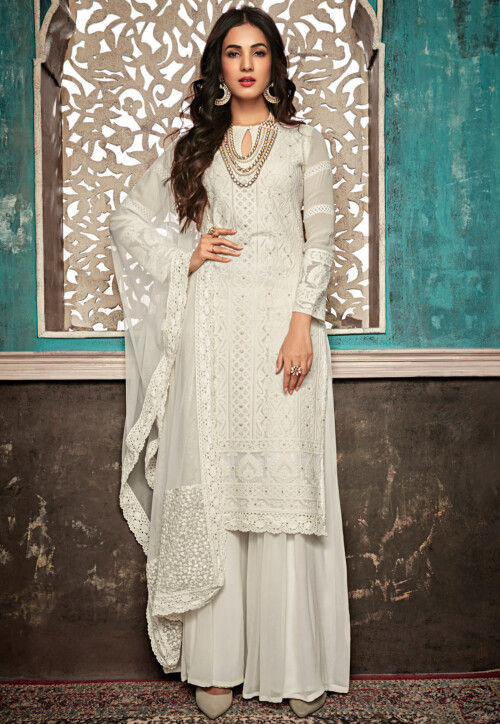Embroidered Georgette Pakistani Suit in Off White