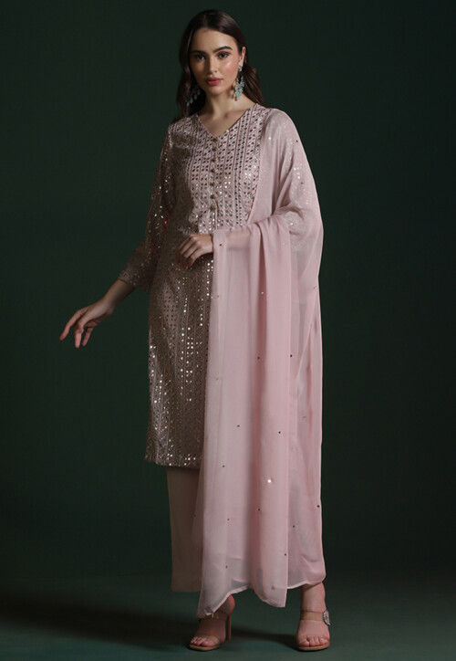 Embroidered Georgette Pakistani Suit in Old Rose