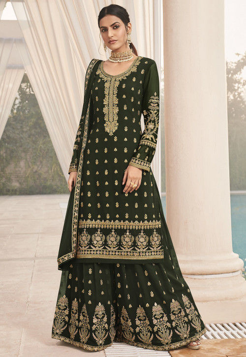Buy Embroidered Georgette Pakistani Suit in Olive Green Online ...