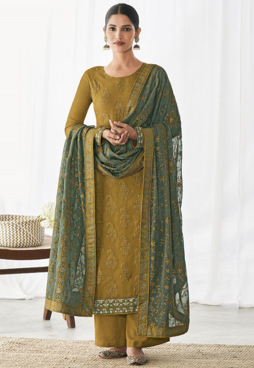 Embroidered Georgette Pakistani Suit in Olive Green : KCH8026