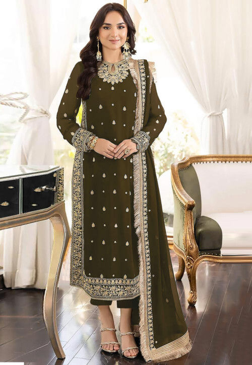 Woodland green chiffon dupatta salwar suit design | Kiran's Boutique