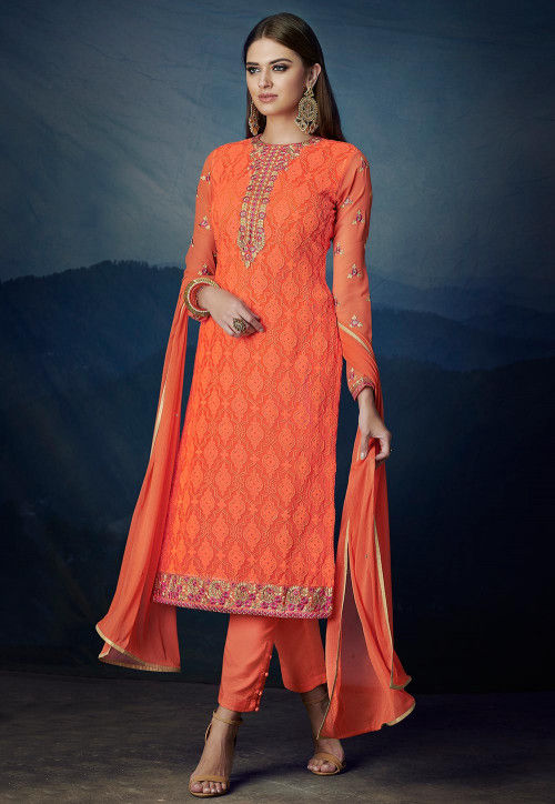 red and orange pakistani dress
