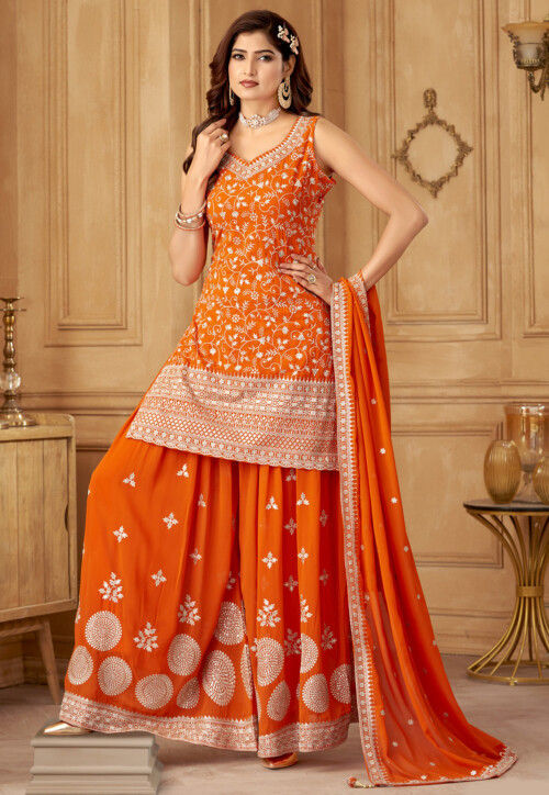Embroidered Georgette Pakistani Suit in Orange