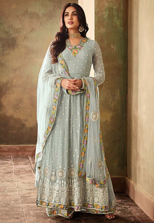 Embroidered Georgette Pakistani Suit in Pastel Blue