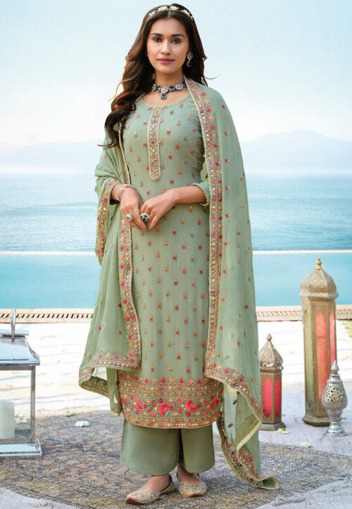 Buy Embroidered Georgette Pakistani Suit in Pastel Green Online ...