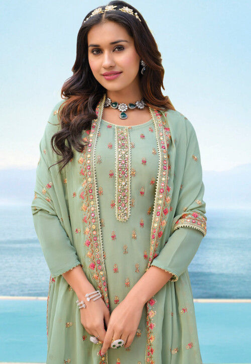 Embroidered Georgette Pakistani Suit In Pastel Green Kch8679 5821