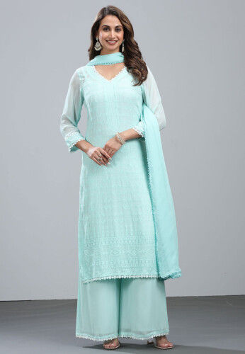 Embroidered Georgette Pakistani Suit in Pastel Green