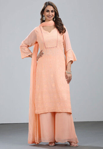 Embroidered Georgette Pakistani Suit in Peach