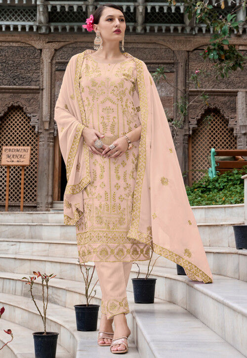 Embroidered Georgette Pakistani Suit in Peach
