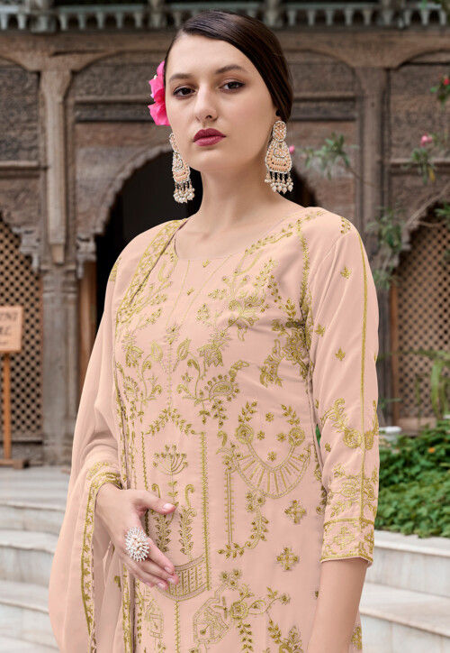 Embroidered Georgette Pakistani Suit in Peach