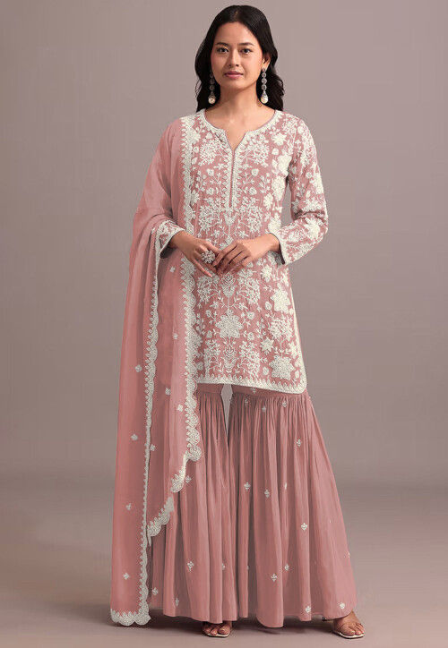 Embroidered Georgette Pakistani Suit in Peach