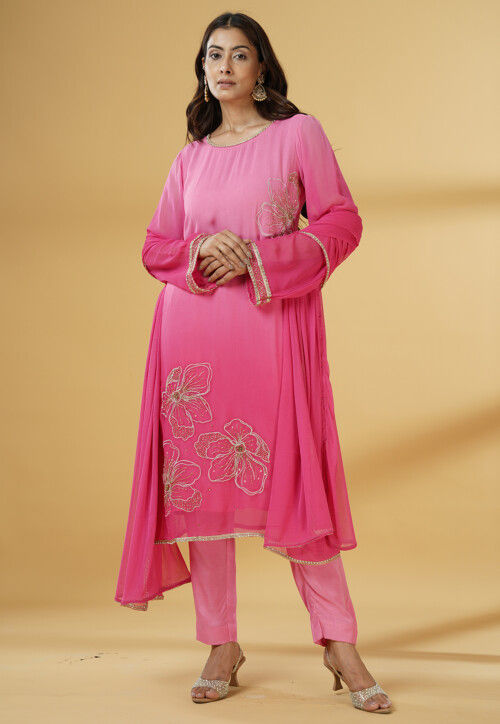 Embroidered Georgette Pakistani Suit in Pink Ombre