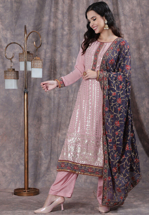 Embroidered Satin Pakistani Suit in Pink