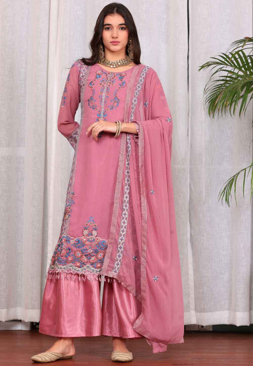 Embroidered Georgette Pakistani Suit in Pink