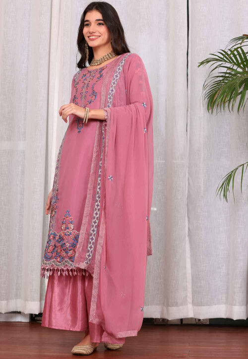 Embroidered Georgette Pakistani Suit in Pink