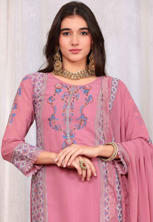Embroidered Georgette Pakistani Suit in Pink