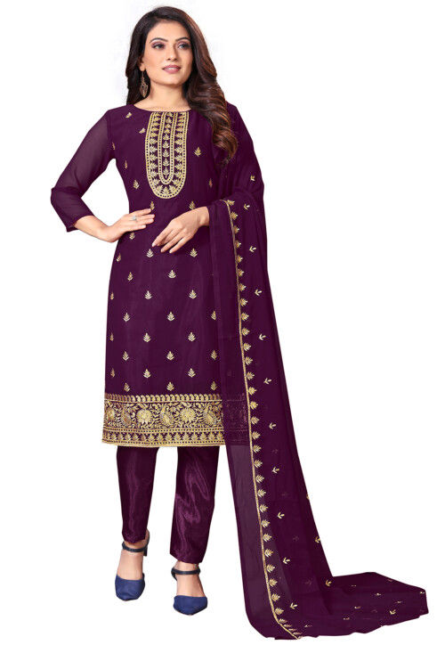 Embroidered Georgette Pakistani Suit in Purple