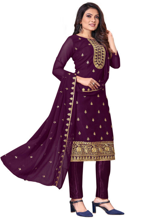 Embroidered Georgette Pakistani Suit in Purple