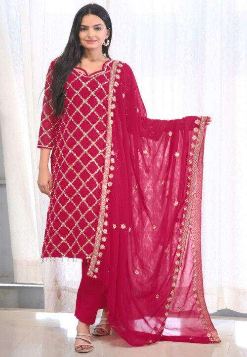 Embroidered Georgette Pakistani Suit in Red