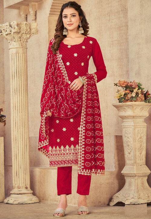 Plain Viscose Rayon Pakistani Suit in Red